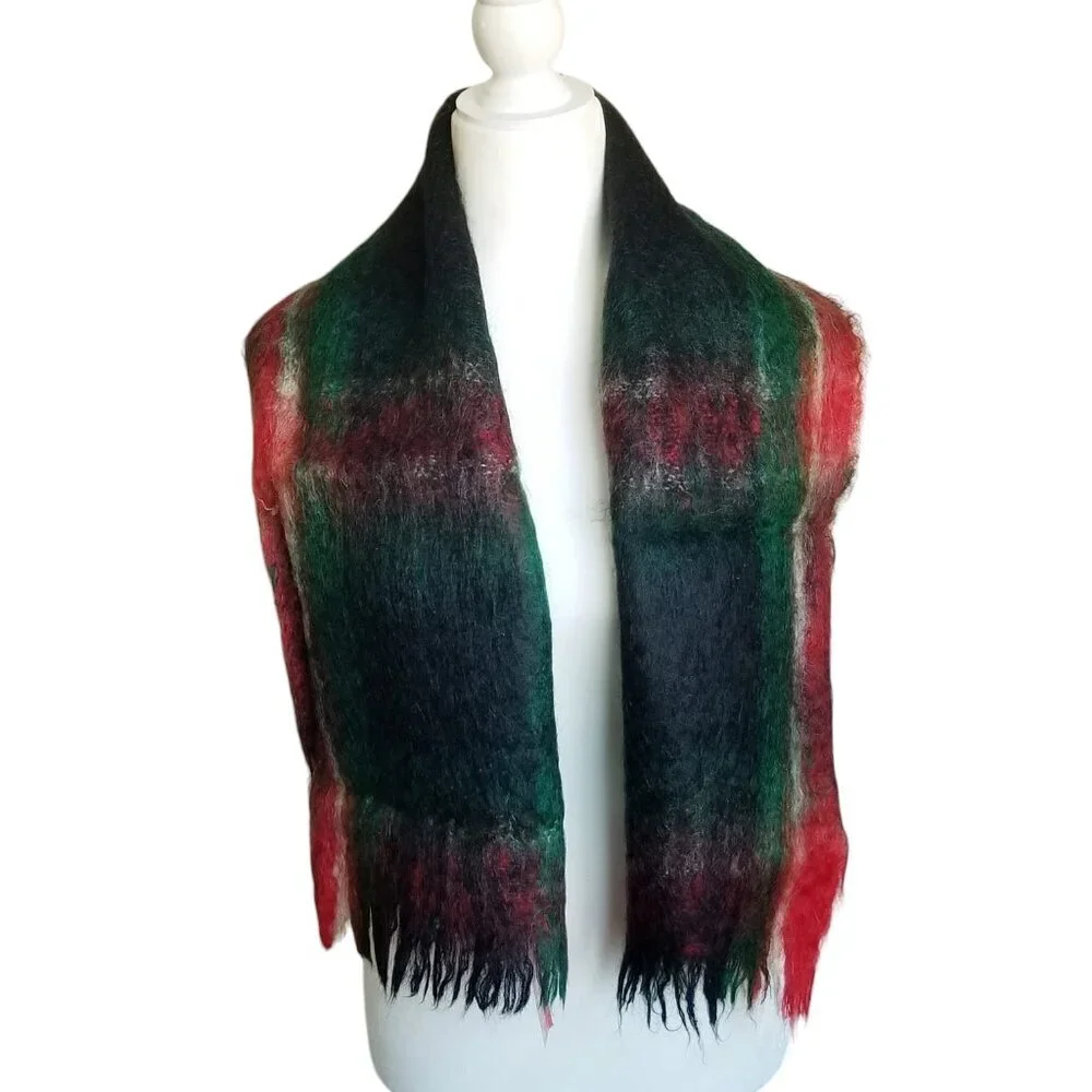 NOS Nahar Vintage Plaid 100% Mohair Wool USSR Soviet Winter Dark Academia Scarf